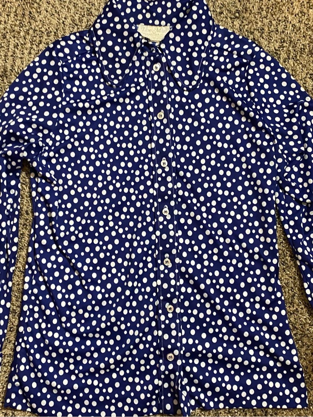 Vintage 1970s Lee Mar Blue with White Polka Dot Button-Down Shirt